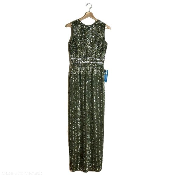 Mac Duggal SEQUINED HIGH NECK SLEEVELESS COLUMN GOWN in olive size 2 - Picture 3 of 16